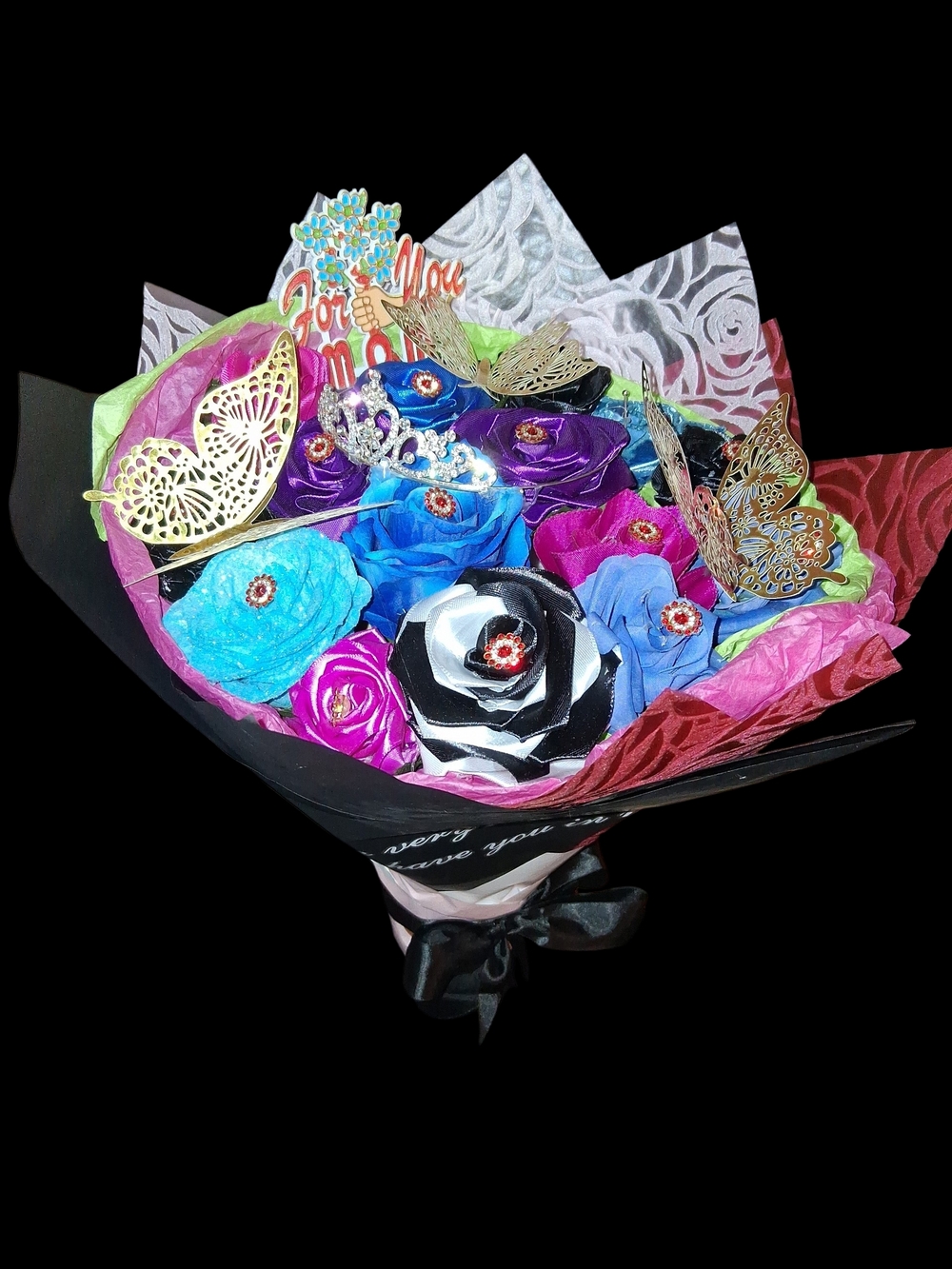 Handmade Multi-Color Handmade Silk Rose  Bouquet with Rhinestone Tiara